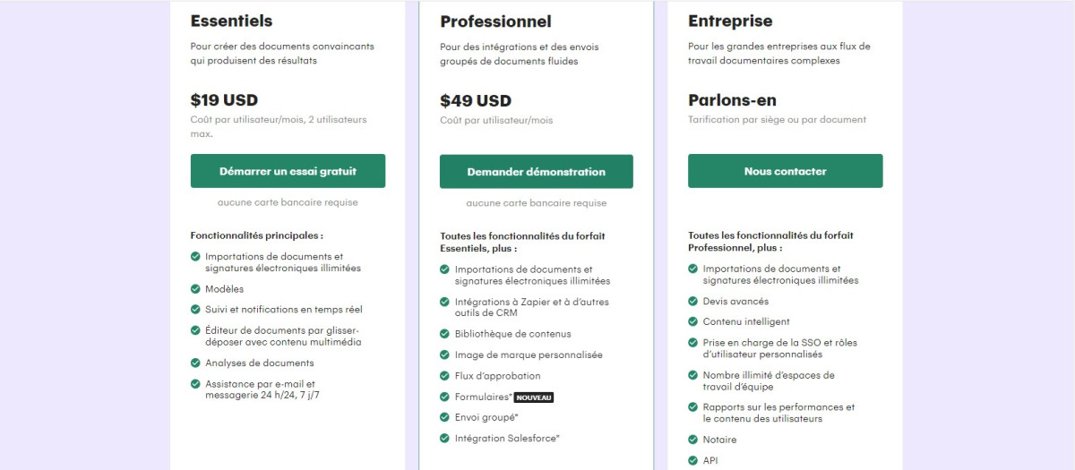 Screen du site officiel de PandaDoc, illustrant les différents prix proposés par le logiciel 