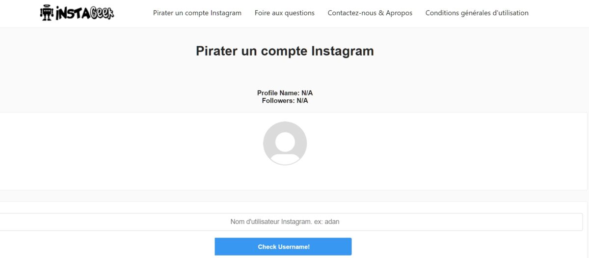 Ejemplo de un sitio de phishing para piratear Instagram