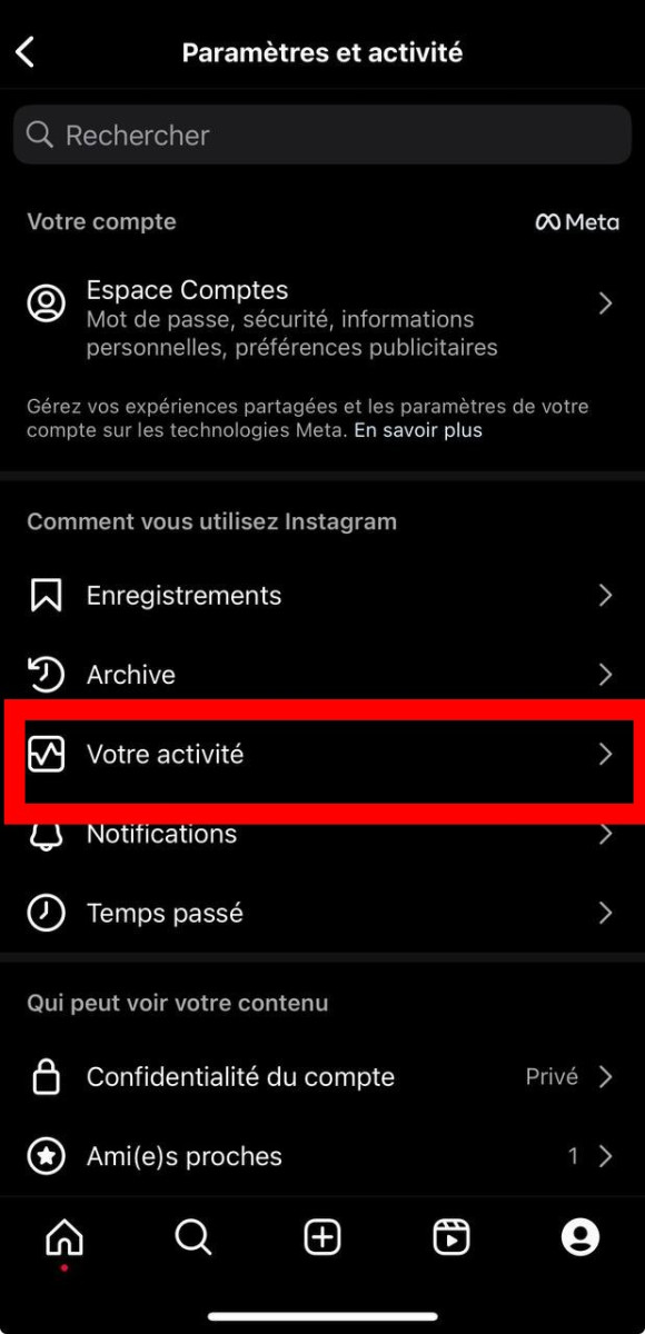Cattura effettuata sull'applicazione Insta per mostrare la scheda Attività su Instagram 