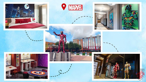 Photo of the different hotel buildings and Marvel attractions