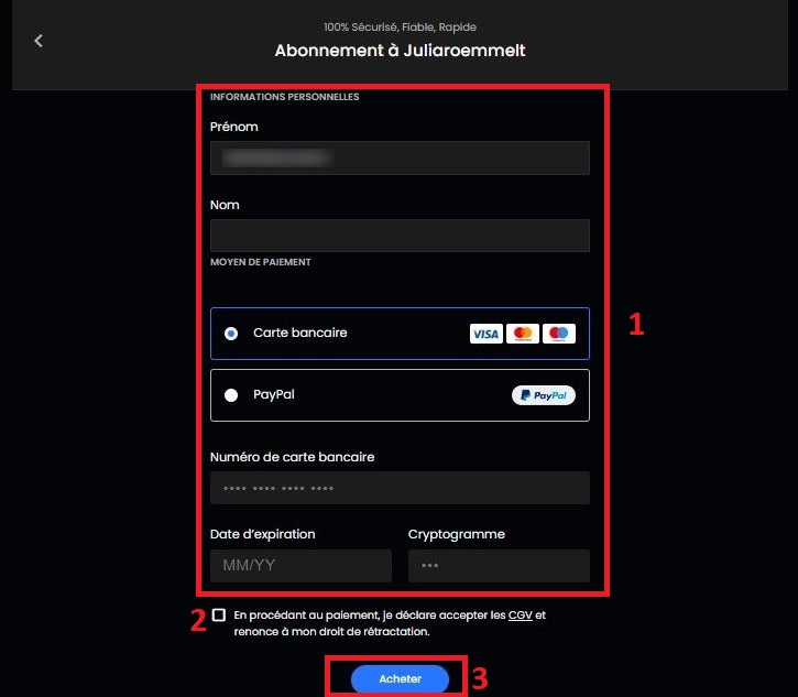 Screenshot, der die Informationen zeigt, die ausgefüllt werden müssen, um das Abonnement auf MYM zu bezahlen