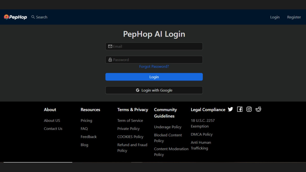 A página de registo do Pephop. 