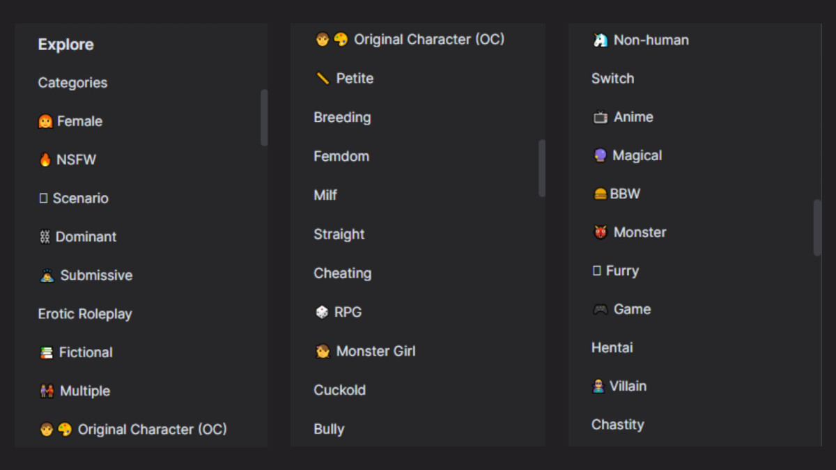Le categorie di chatbot del sito.
